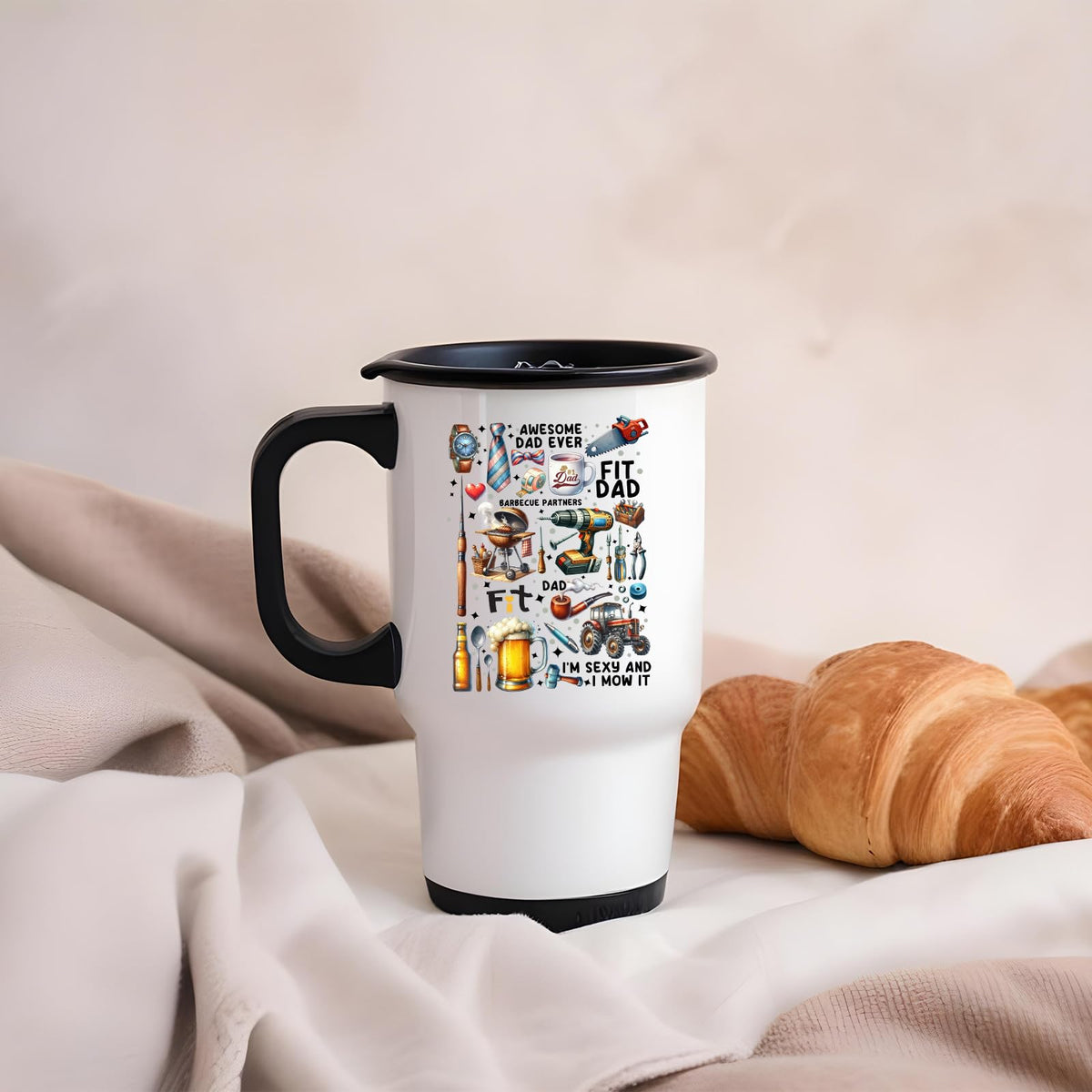 Awesome Dad Ever icons travel mug on a soft blanket beside a croissant