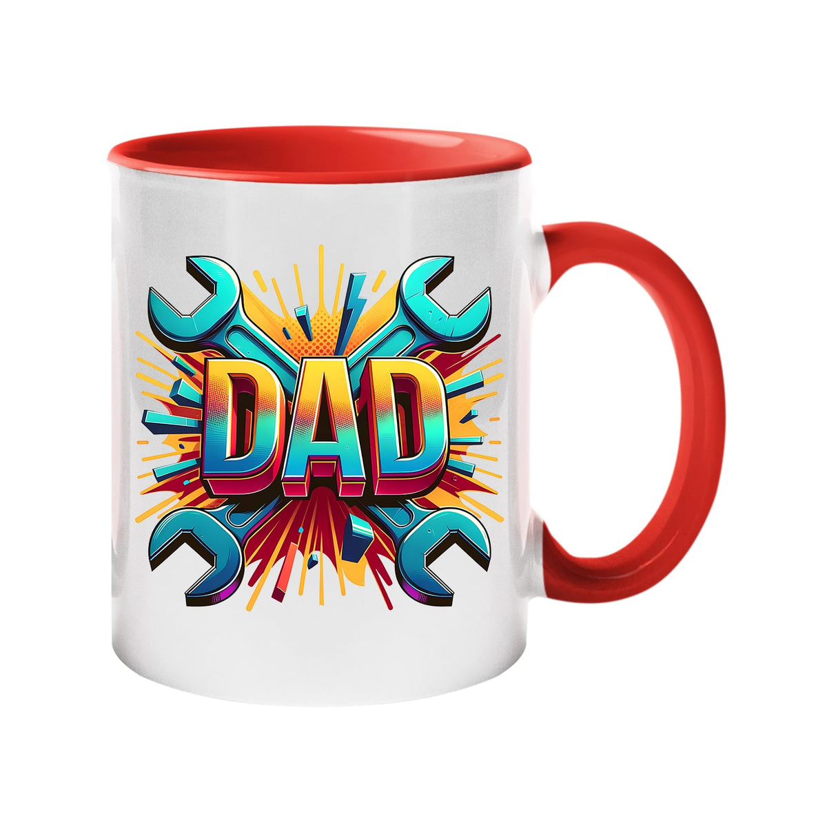 Colour handle mug with a comic-style “DAD” on a burst of crossed spanners – red handle and inside