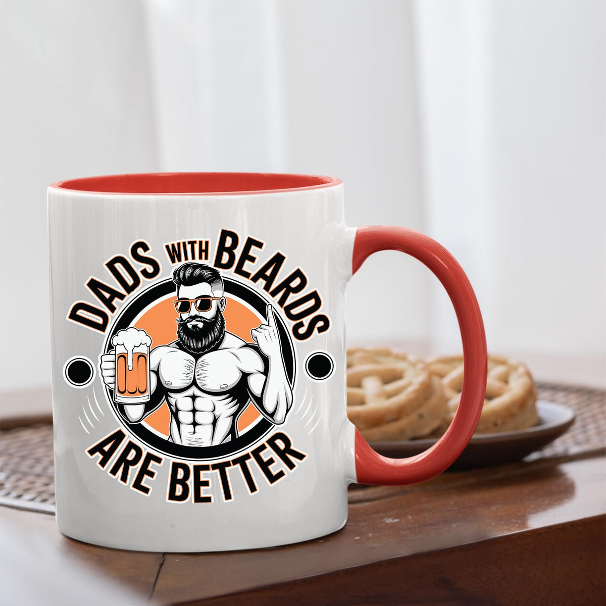 Dads with Beards mug with a red handle beside biscuits