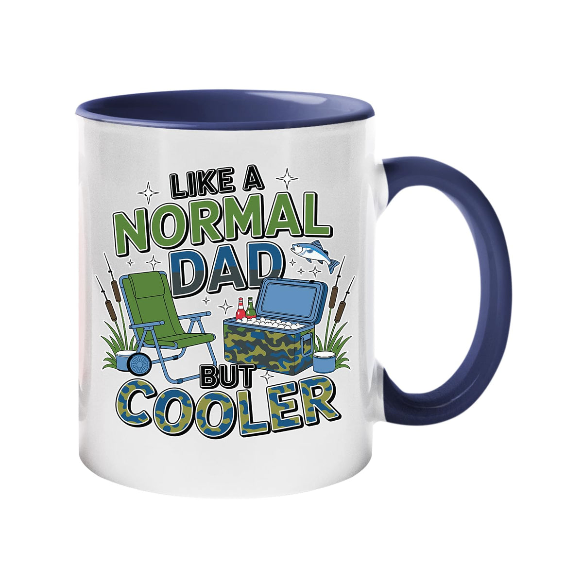 Colour handle mug with camping chairs, a cool box and a fishing rod with “Like a normal dad, but cooler” – dark blue handle and inside