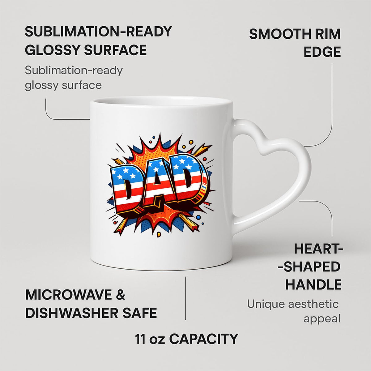 Heart-handle mug with labels for 11oz capacity, glossy surface and heart-shaped handle