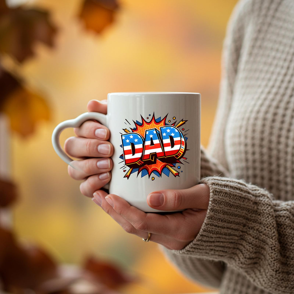 Hands holding the Stars and Stripes DAD heart-handle mug