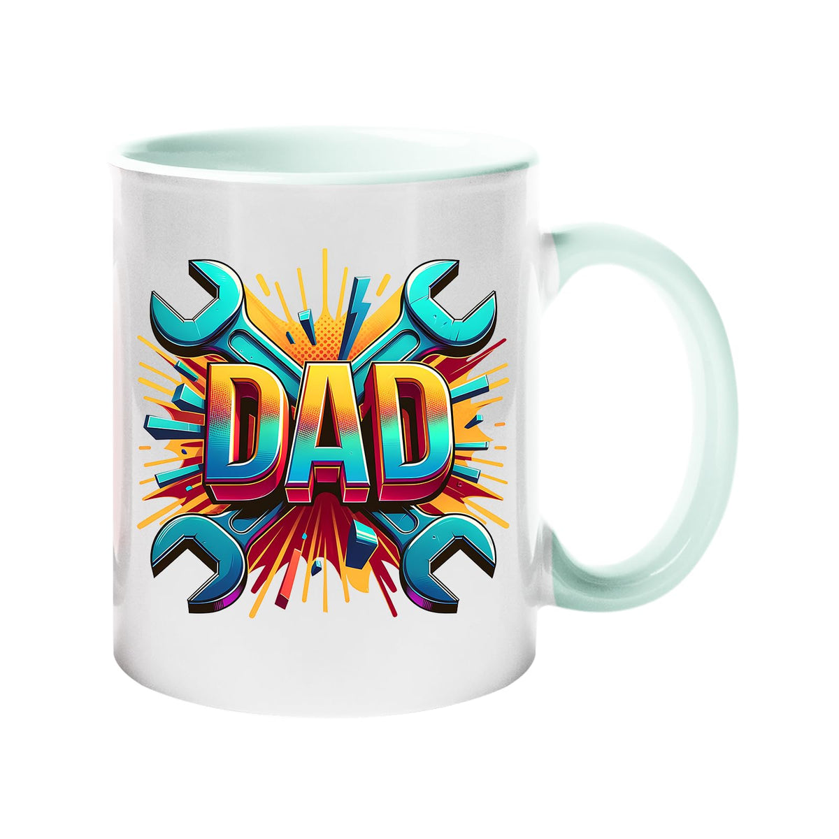 Colour handle mug with a comic-style “DAD” on a burst of crossed spanners – lime handle and inside
