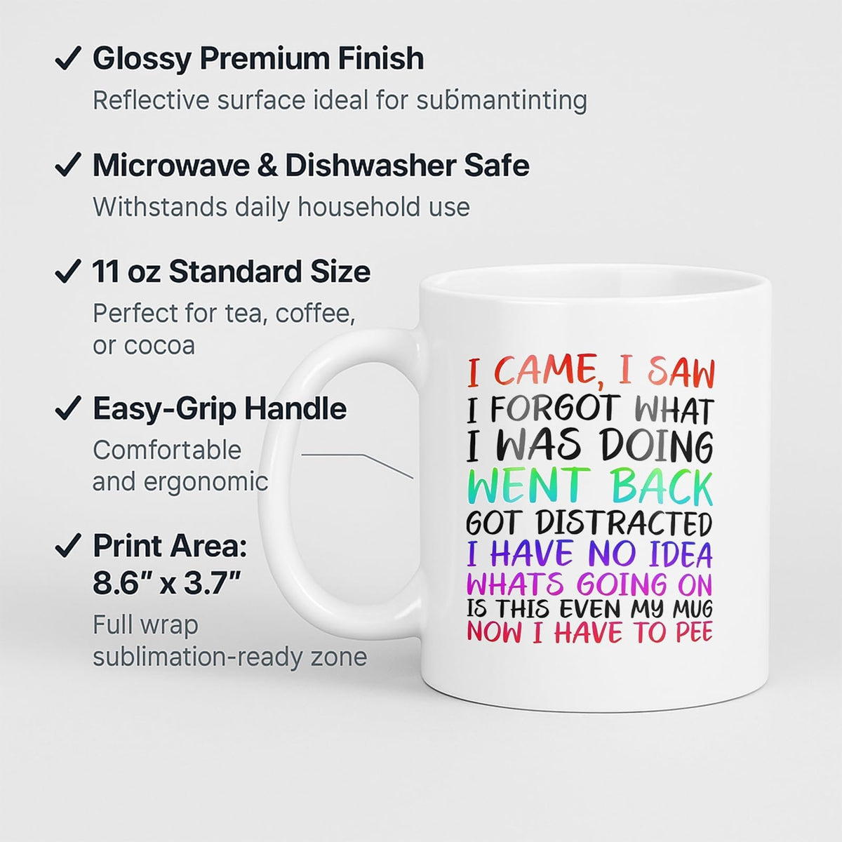 White mug with labels for 11oz size, glossy finish, easy-grip handle and print area