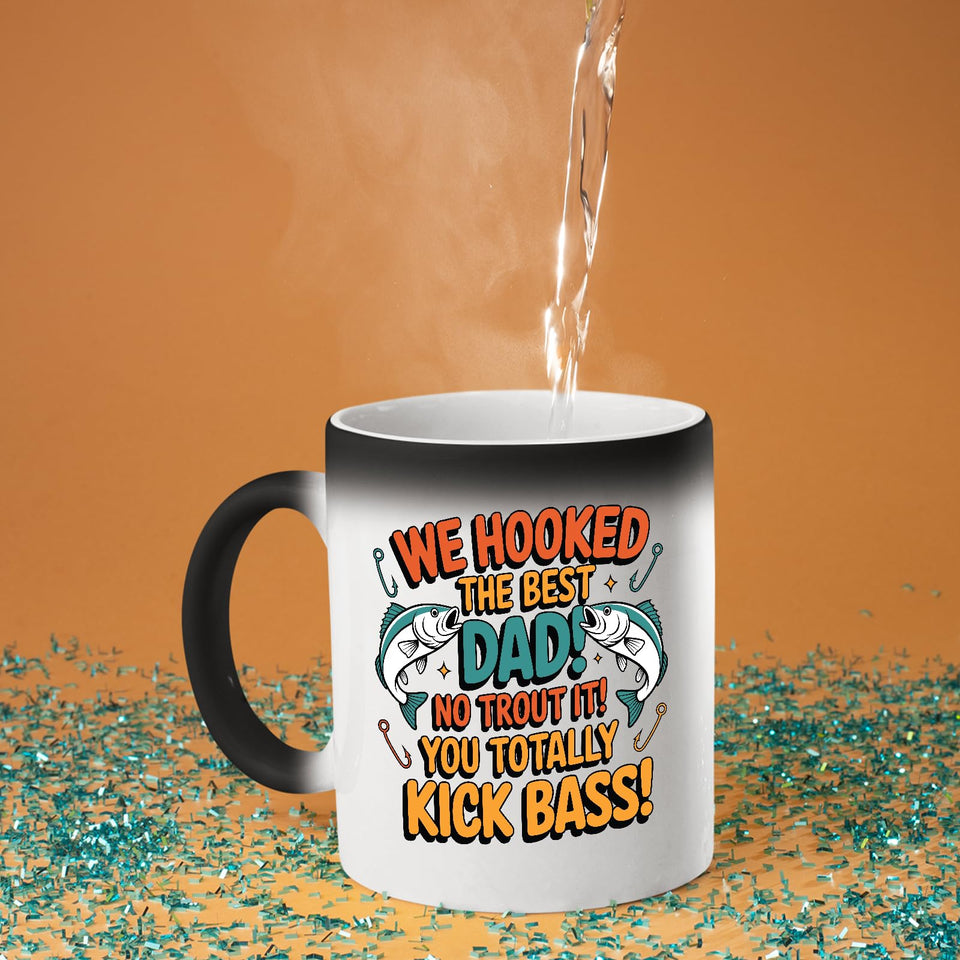 Hot water poured into the We Hooked the Best Dad colour changing mug as the design appears