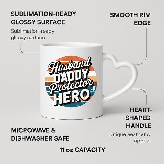 Heart-handle mug with labels for 11oz capacity, glossy surface and heart-shaped handle