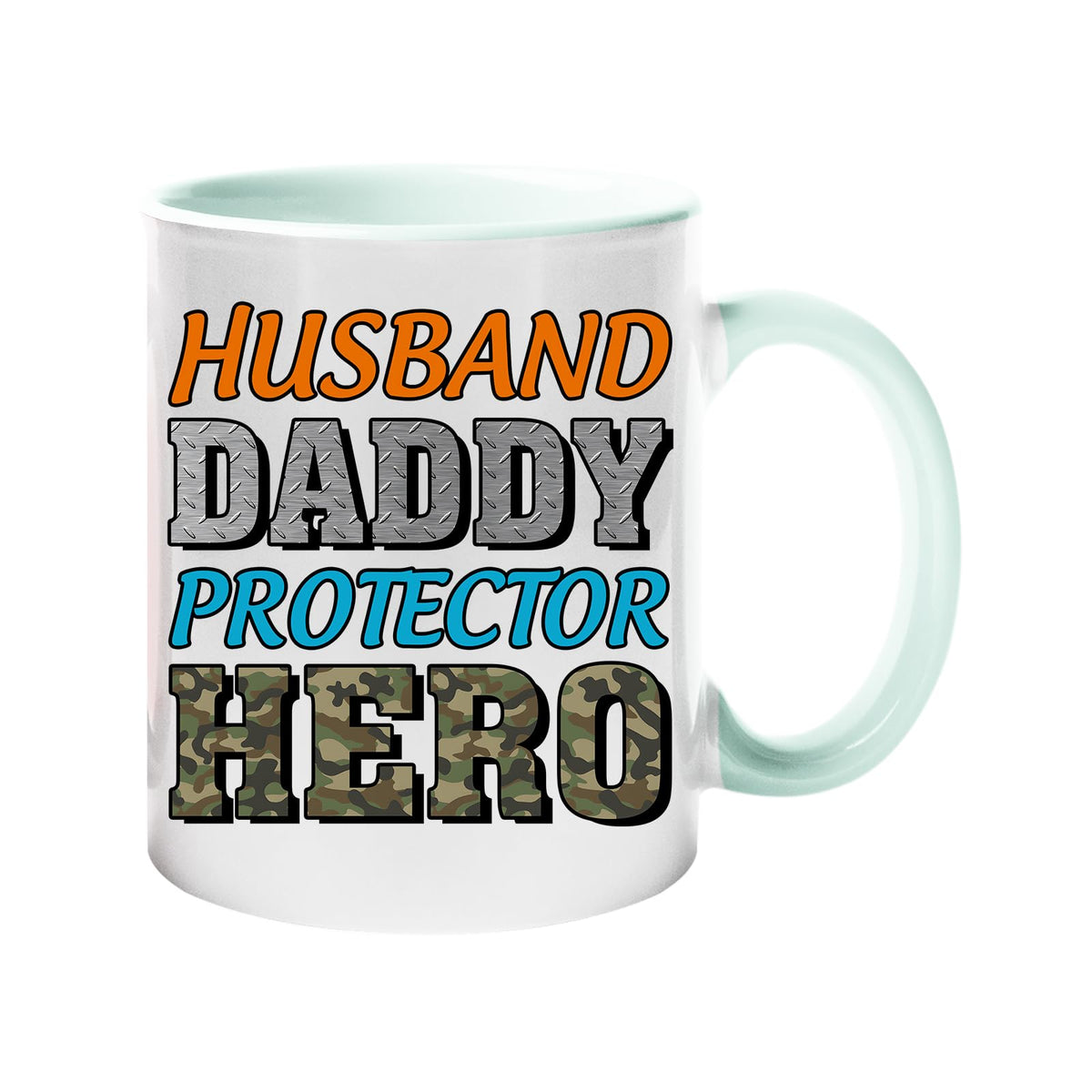 Colour handle mug with “Husband, Daddy, Protector, Hero” in orange, grey, blue and camo letters – lime handle and inside