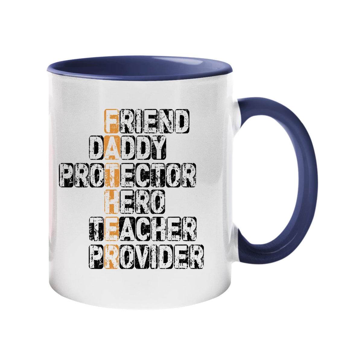 Colour handle mug with a “FATHER” acrostic – friend, daddy, protector, hero, teacher, provider – dark blue handle and inside