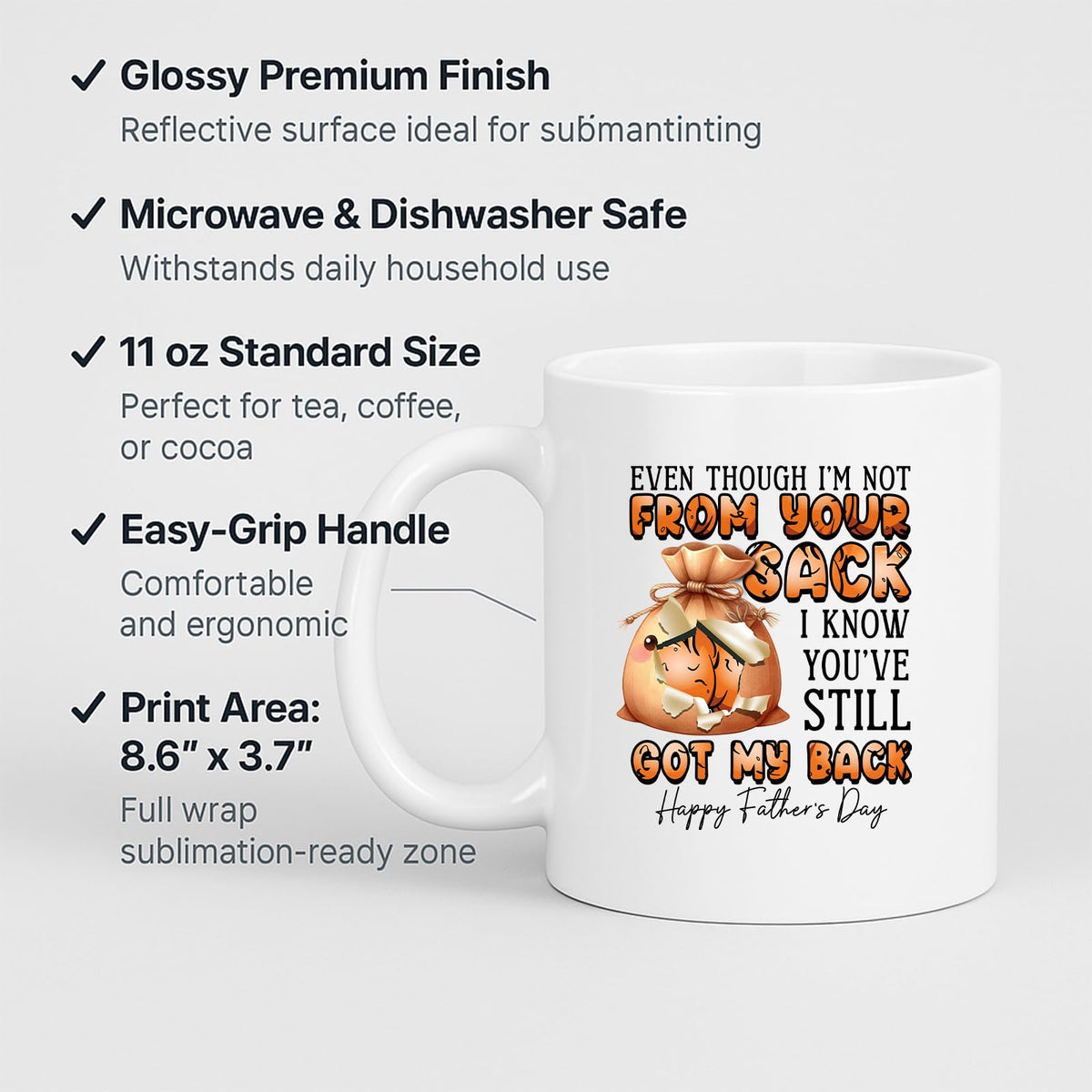 White mug with labels for 11oz size, glossy finish, easy-grip handle and print area