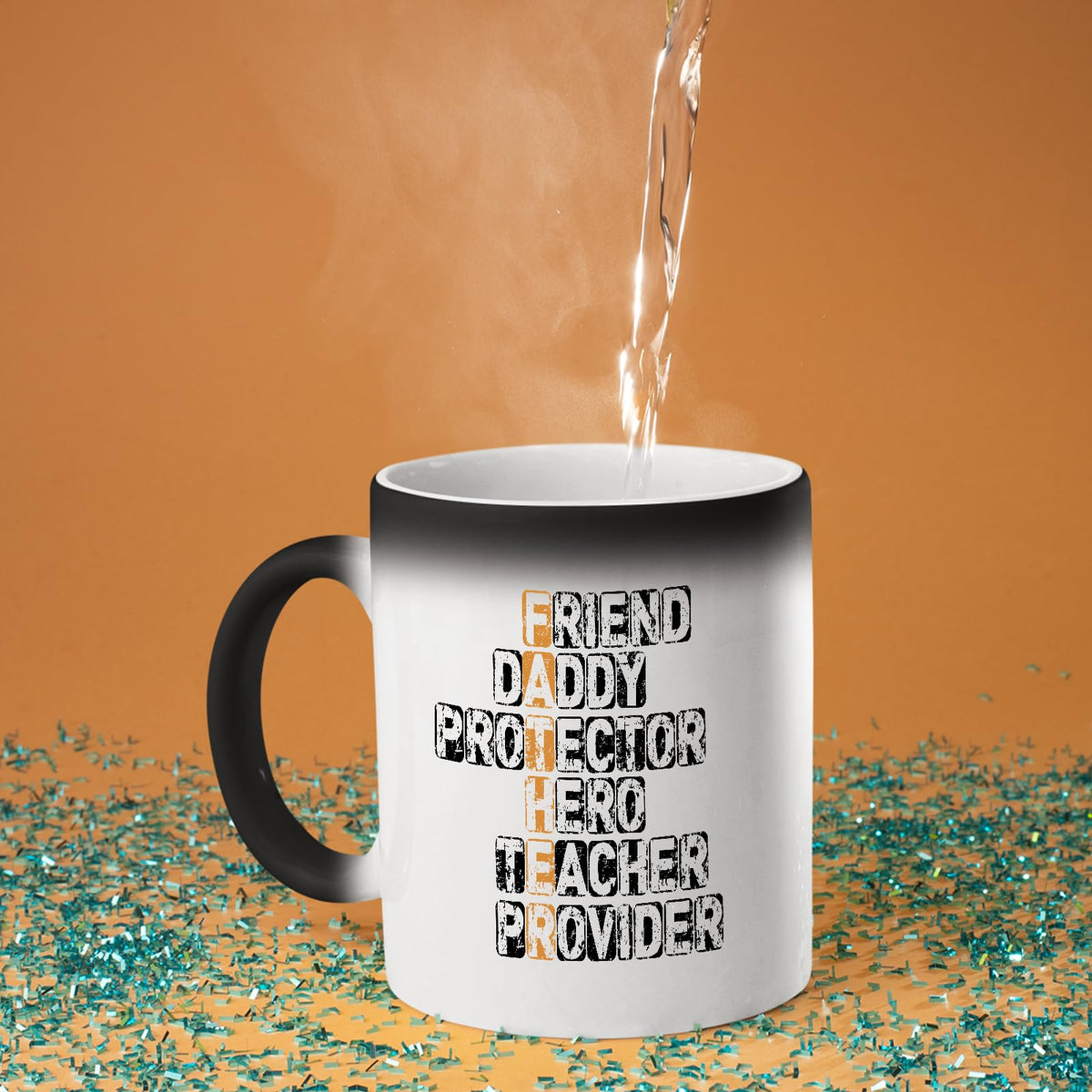 Hot water poured into the FATHER acrostic colour changing mug as the design appears