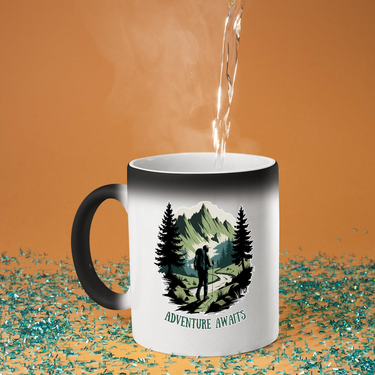 Hot water poured into the Adventure Awaits hiker colour changing mug as the design appears