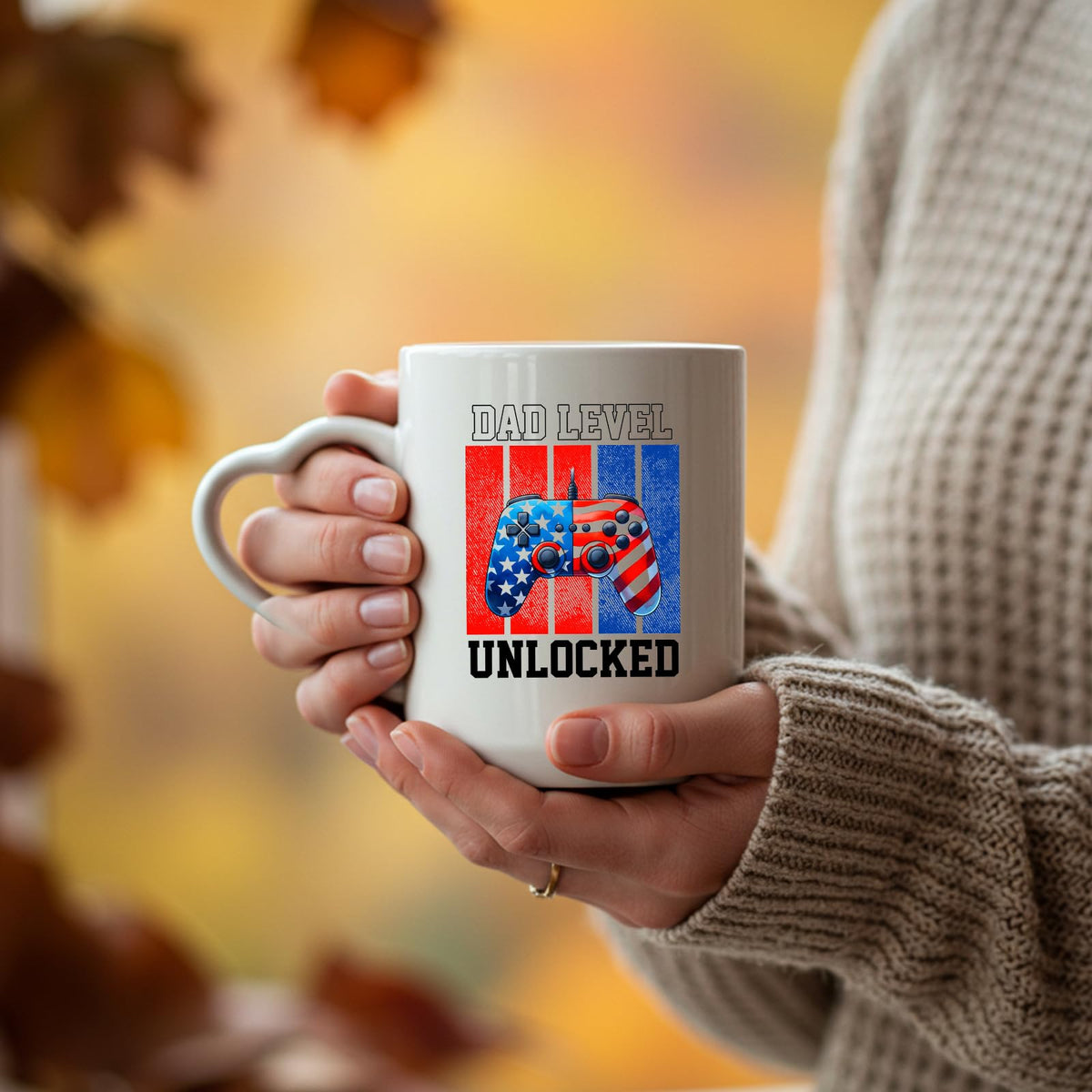Hands holding the Dad Level Unlocked heart-handle mug