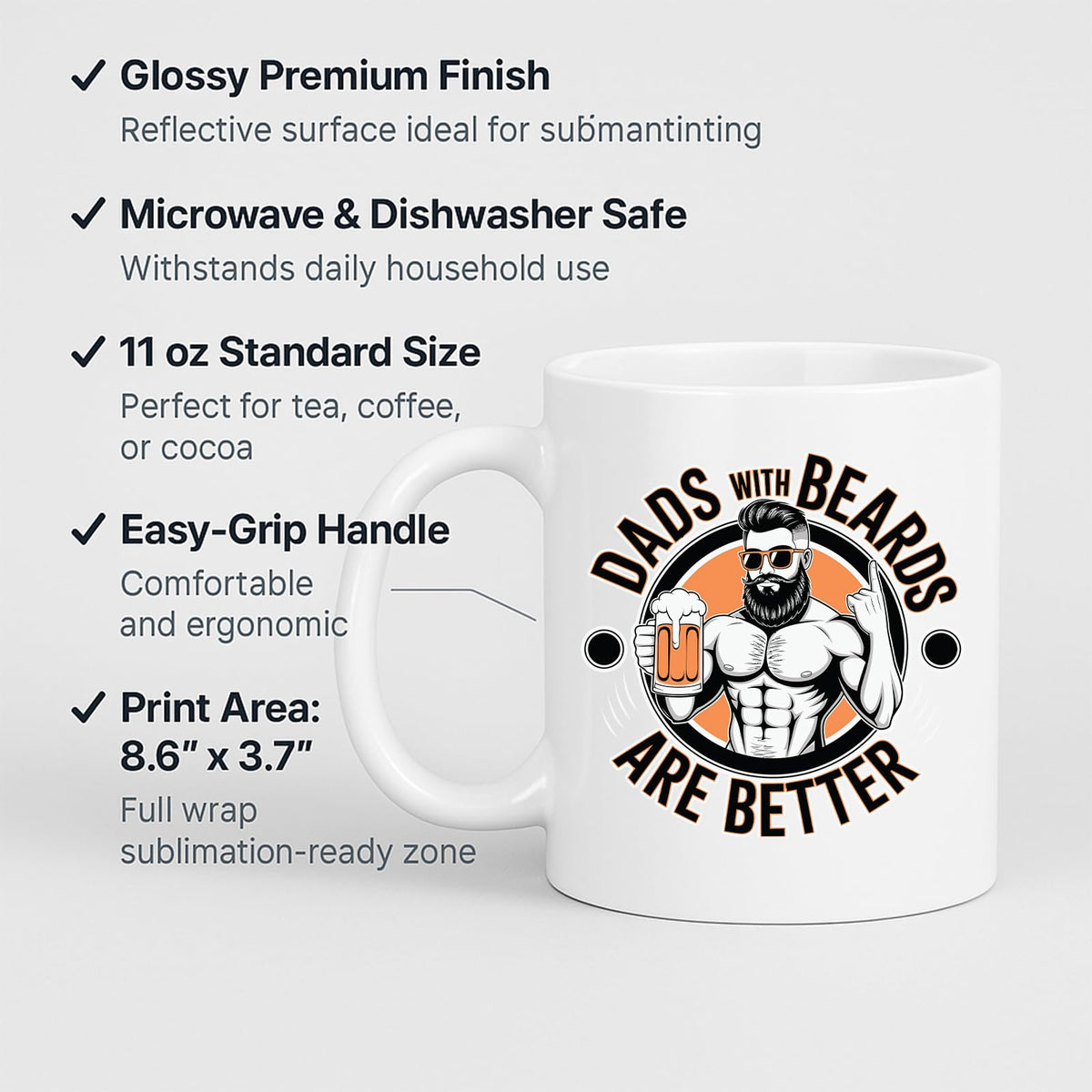 White mug with labels for 11oz size, glossy finish, easy-grip handle and print area