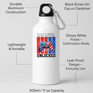 White aluminium water bottle with a stars-and-stripes game controller and “Dad level unlocked”