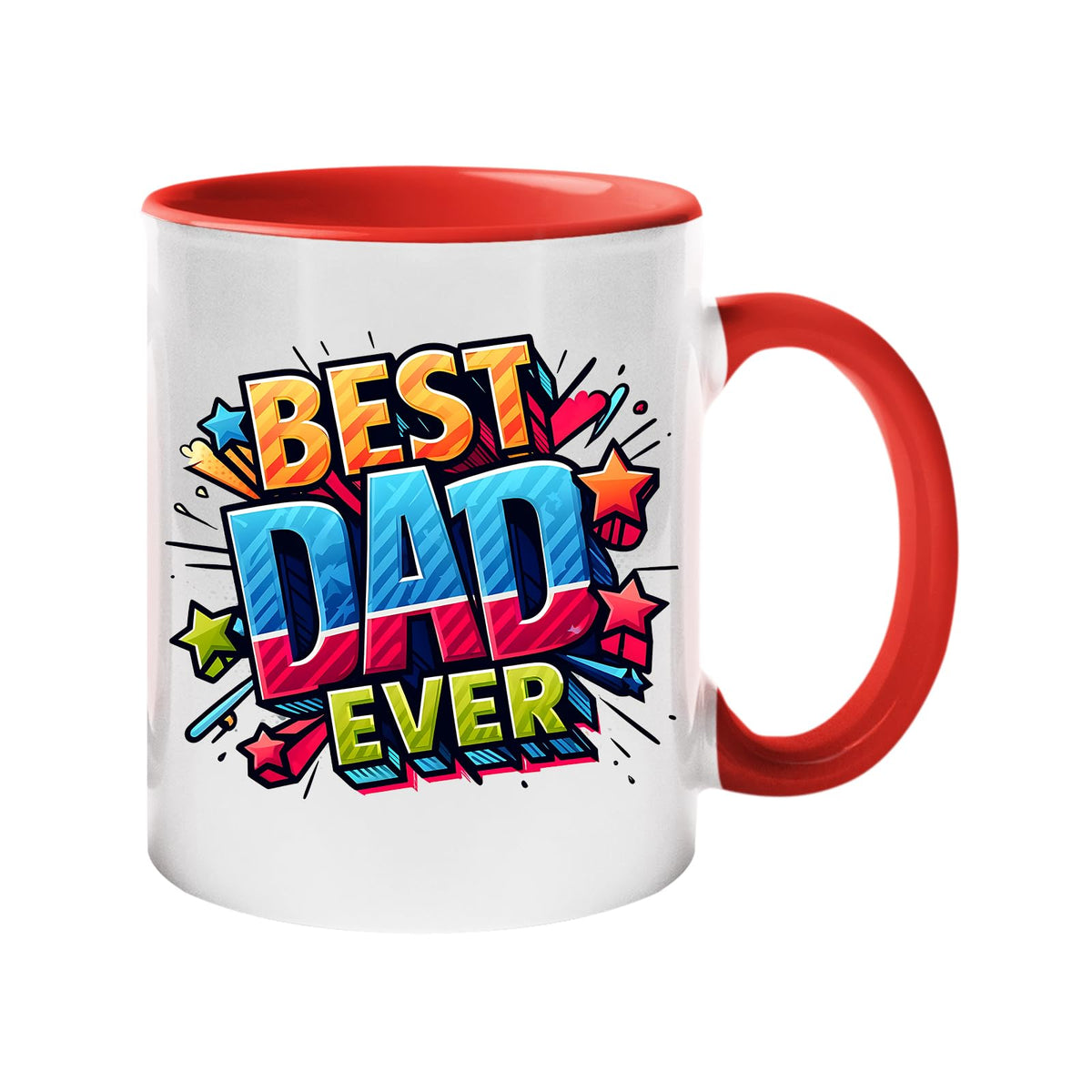 Colour handle mug with “Best Dad Ever” in bold comic-book lettering with stars – red handle and inside
