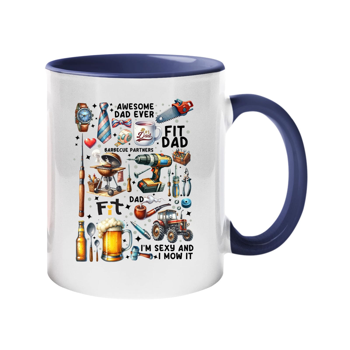 Colour handle mug with a collage of dad favourites – BBQ, tools, beer, a tractor and “Awesome Dad Ever” – dark blue handle and inside