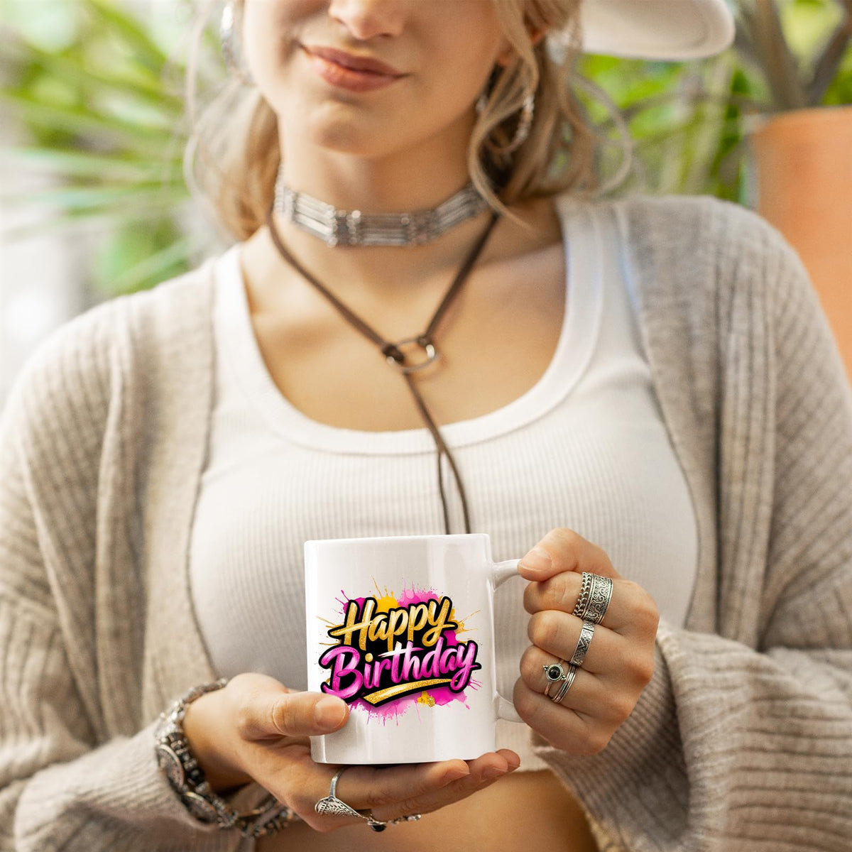Woman holding the Happy Birthday mug