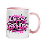 Colour handle mug with hot pink graffiti “Happy Birthday” lettering – light pink handle and inside