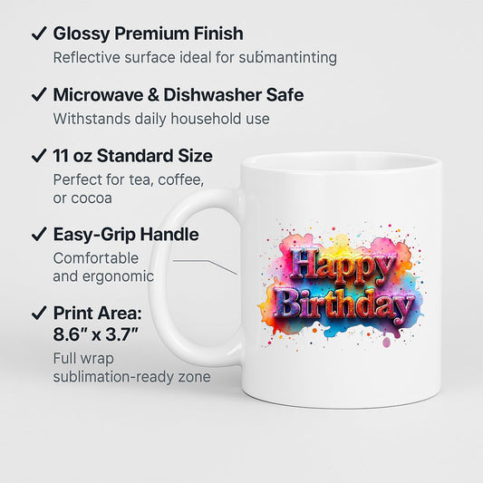 Happy Birthday mug with labels for 11oz size and easy-grip handle