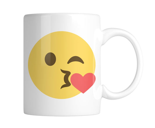 White mug with a big blowing-a-kiss emoji with a red heart, handle on the right