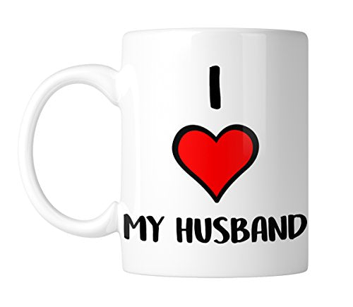 White mug with “I ❤ My Husband” with a big red heart, handle on the left