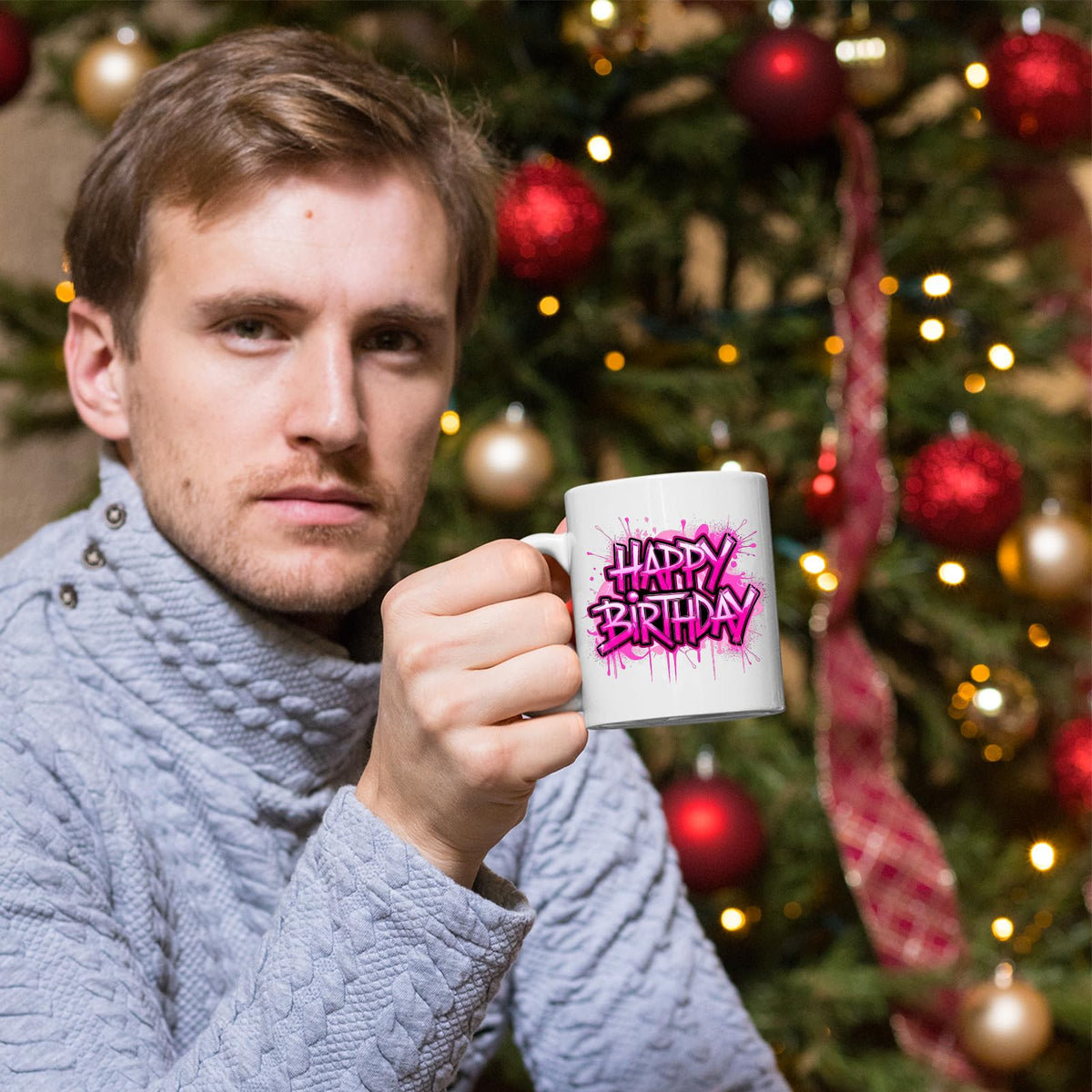 Man holding the Happy Birthday mug by a Christmas tree