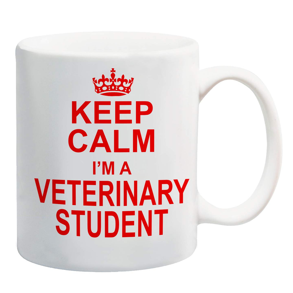 White mug with a red crown and “Keep Calm I'm a Veterinary Student” in red capitals