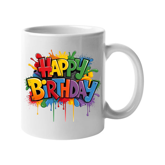 White 11oz mug with bold multicolour block “Happy Birthday” letters