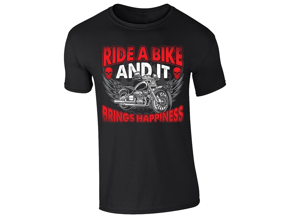 Black men's T-shirt with Ride a Bike and It Brings Happiness winged motorcycle skull design
