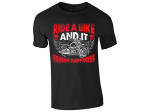 Brings Happiness T-Shirt Mens Winged Motorcycle Skull Graphic Biker Enthusiasts Ride a Bike Cool Rider Shirt Party Wear Style