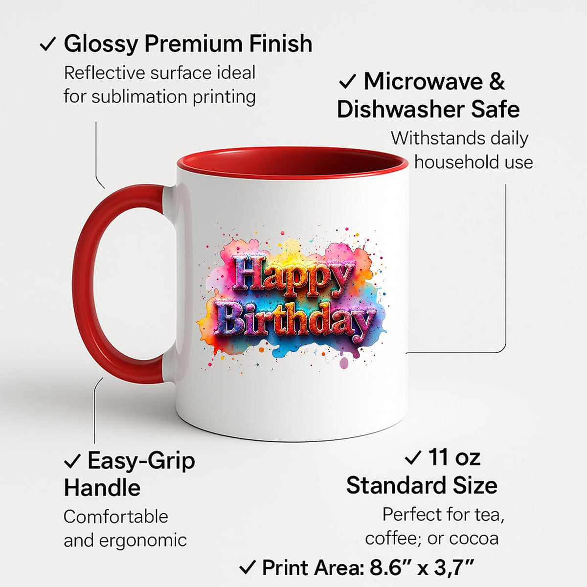 Colour handle mug with labels for 11oz size and easy-grip handle