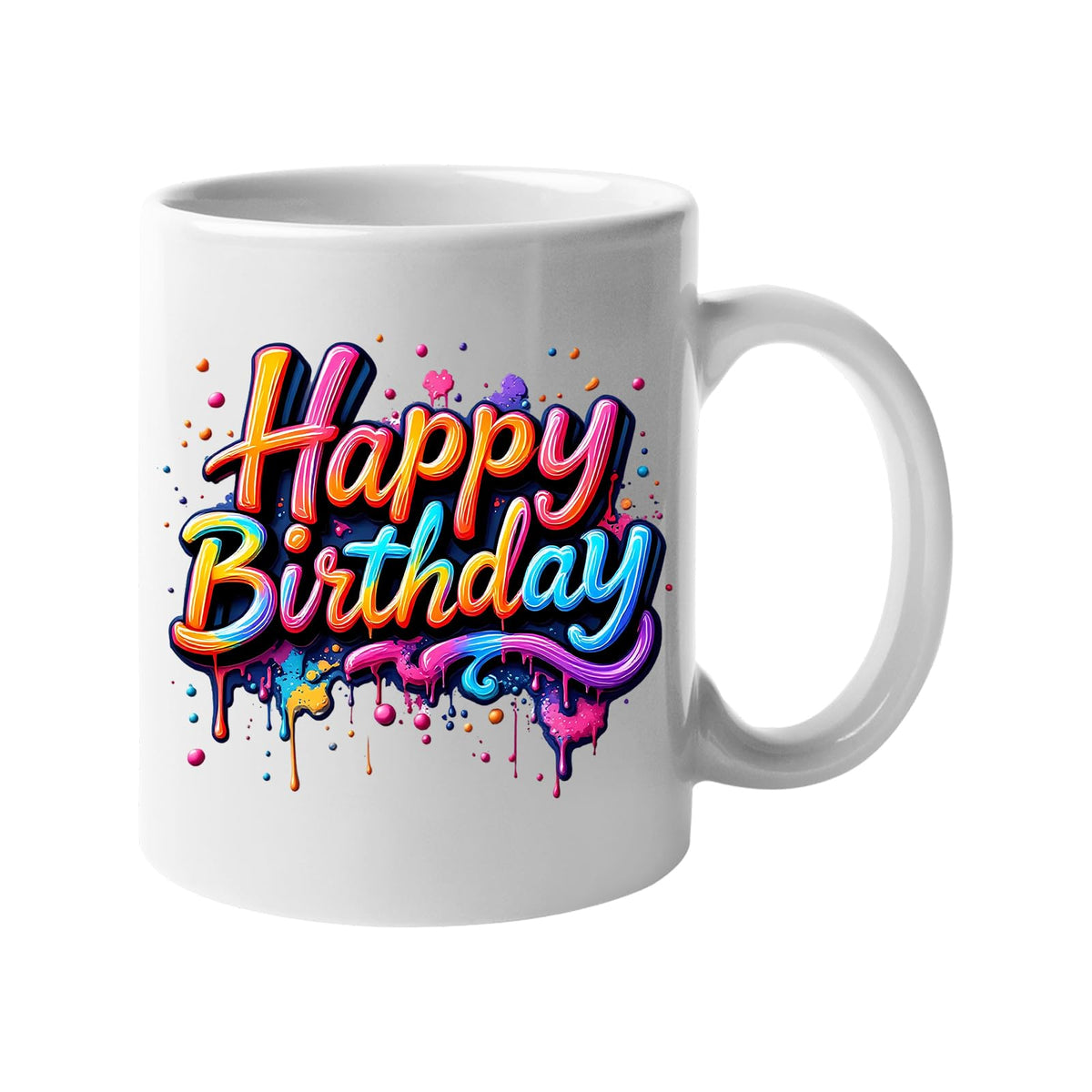 White 11oz mug with colourful script “Happy Birthday” lettering with paint splashes