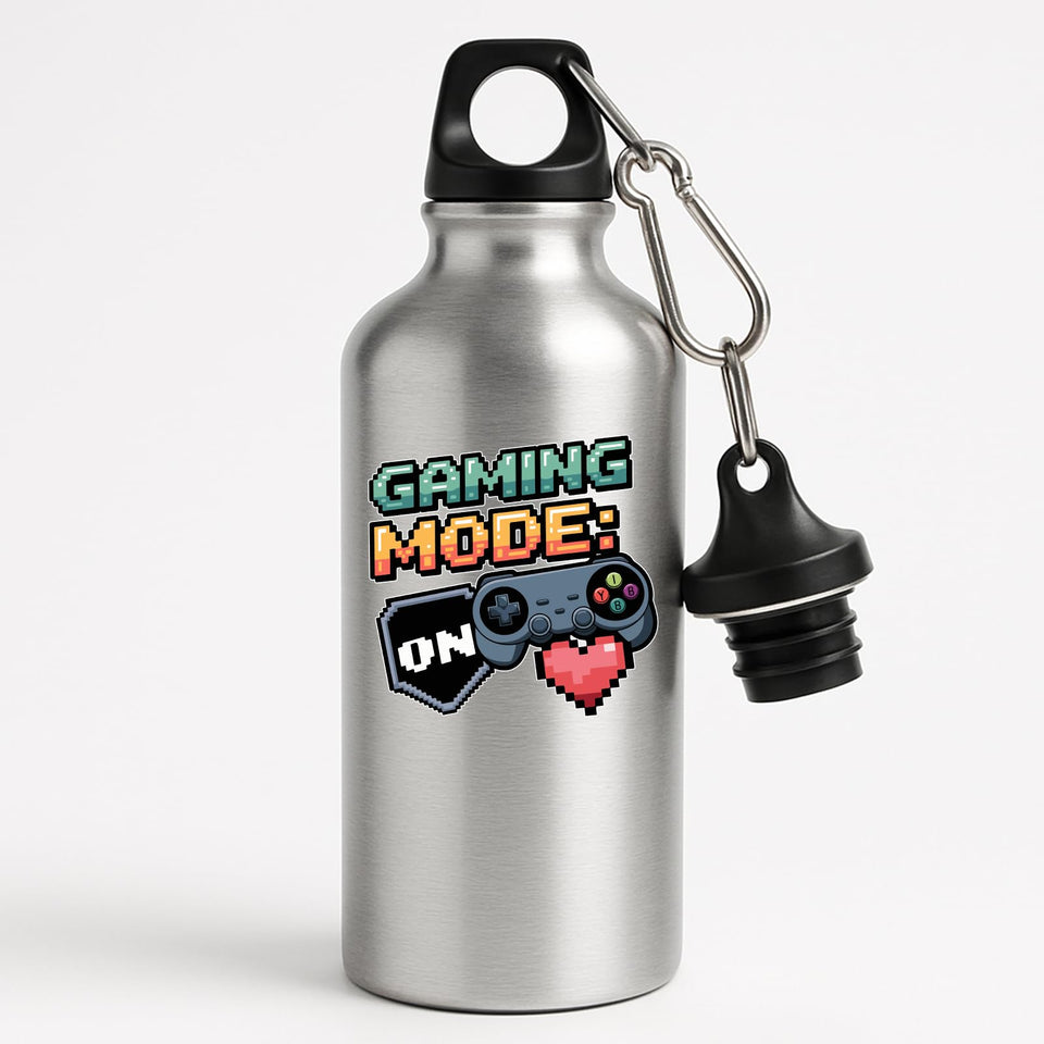 Gaming Mode ON Water Bottle Gamer Hydration Bottle with Controller & Heart Design Funny Reusable Gift for Him Her Retro Console Player Bottle for Geeks Nerds and Gamers