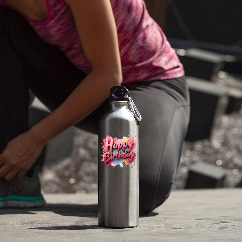 Happy Birthday Water Bottle Colourful Splash Print Reusable Fun Birthday Gift for Him Her or Kids Lightweight Drink for School Work Gym or Outdoor Use