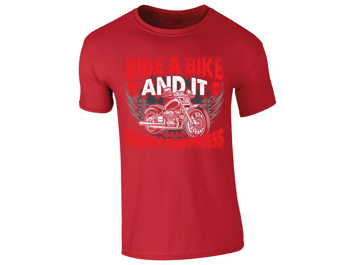 Red men's T-shirt with Ride a Bike and It Brings Happiness winged motorcycle skull design