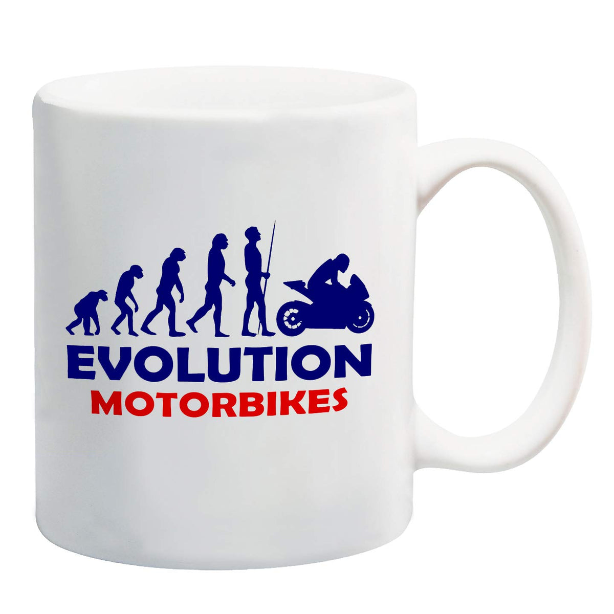 White mug with navy evolution silhouettes ending with a motorbike rider