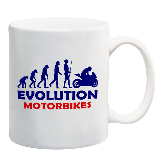 White mug with navy evolution silhouettes ending with a motorbike rider