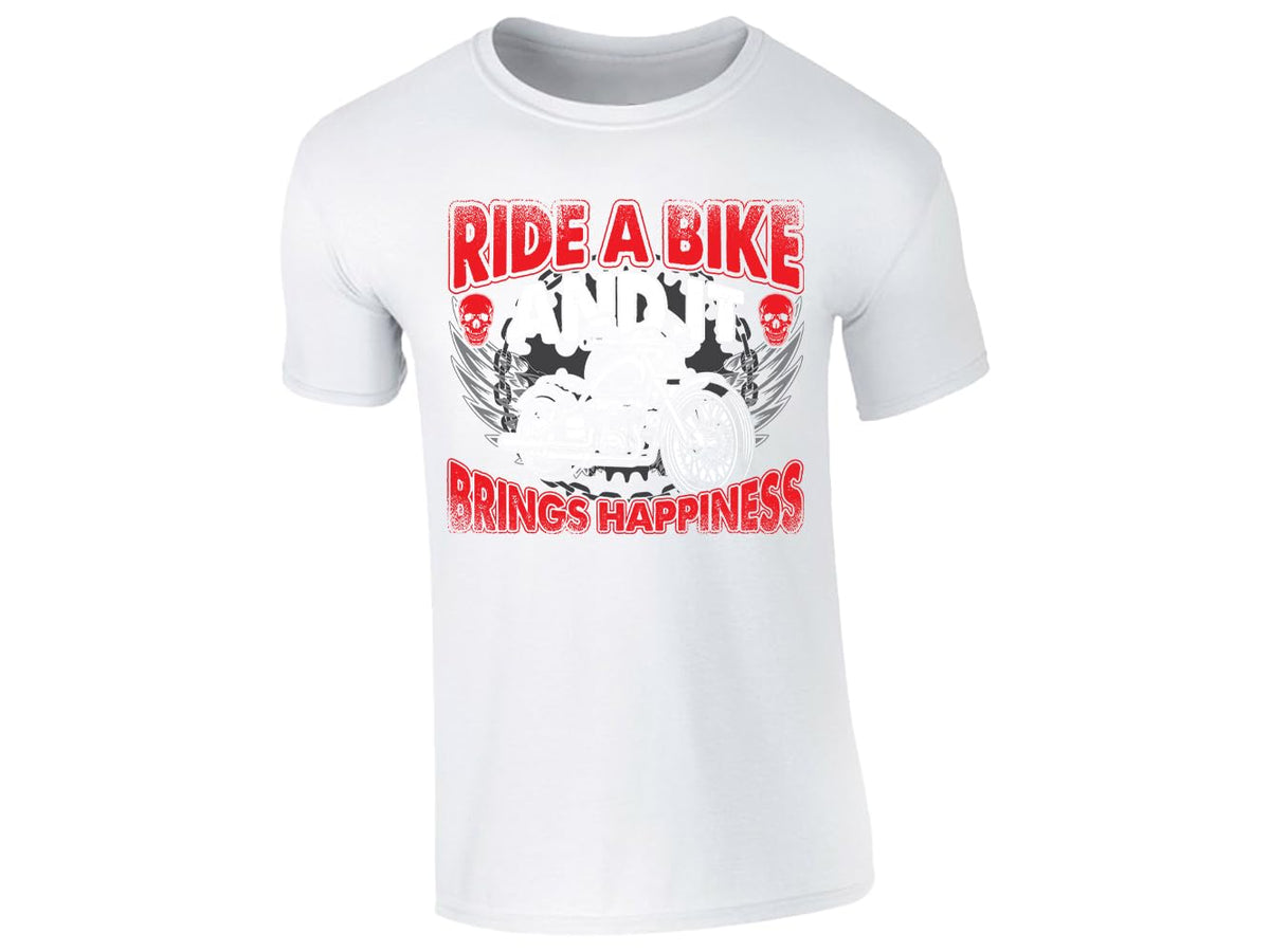 White men's T-shirt with Ride a Bike and It Brings Happiness winged motorcycle skull design