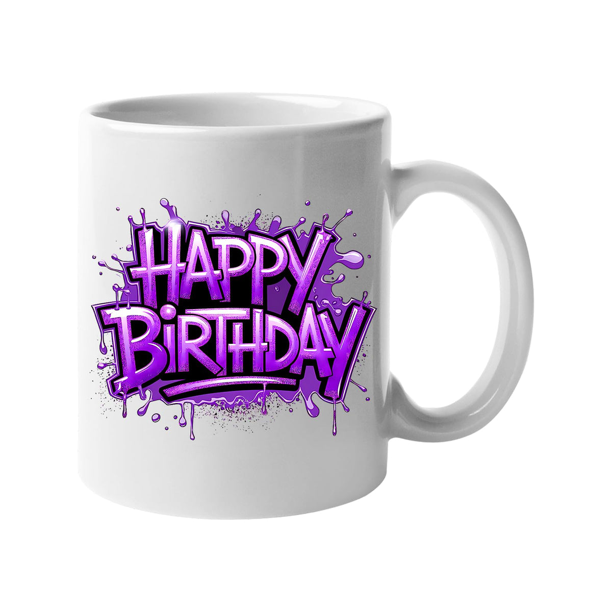 White 11oz mug with purple graffiti-style “Happy Birthday” lettering