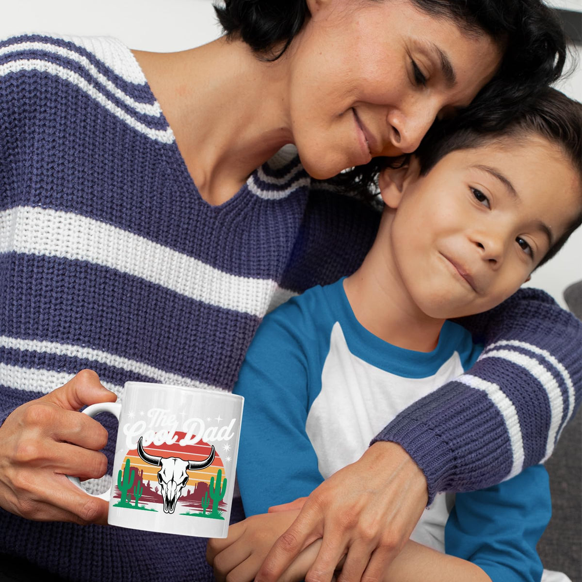 Mum and son with the The Cool Dad bull skull mug