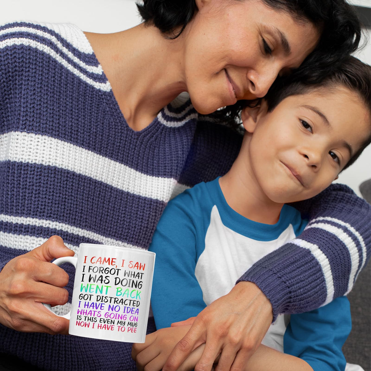 Mum and son with the I Came I Saw I Forgot mug