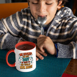 Child with a spoon next to the We Hooked the Best Dad mug with a red handle