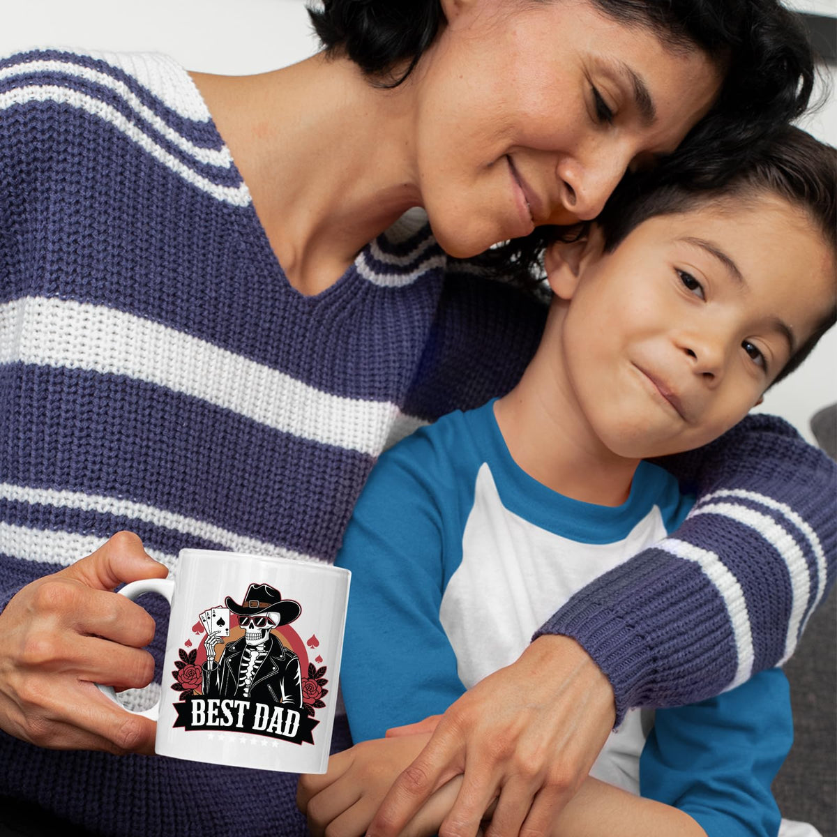Mum and son with the Best Dad skeleton cowboy mug