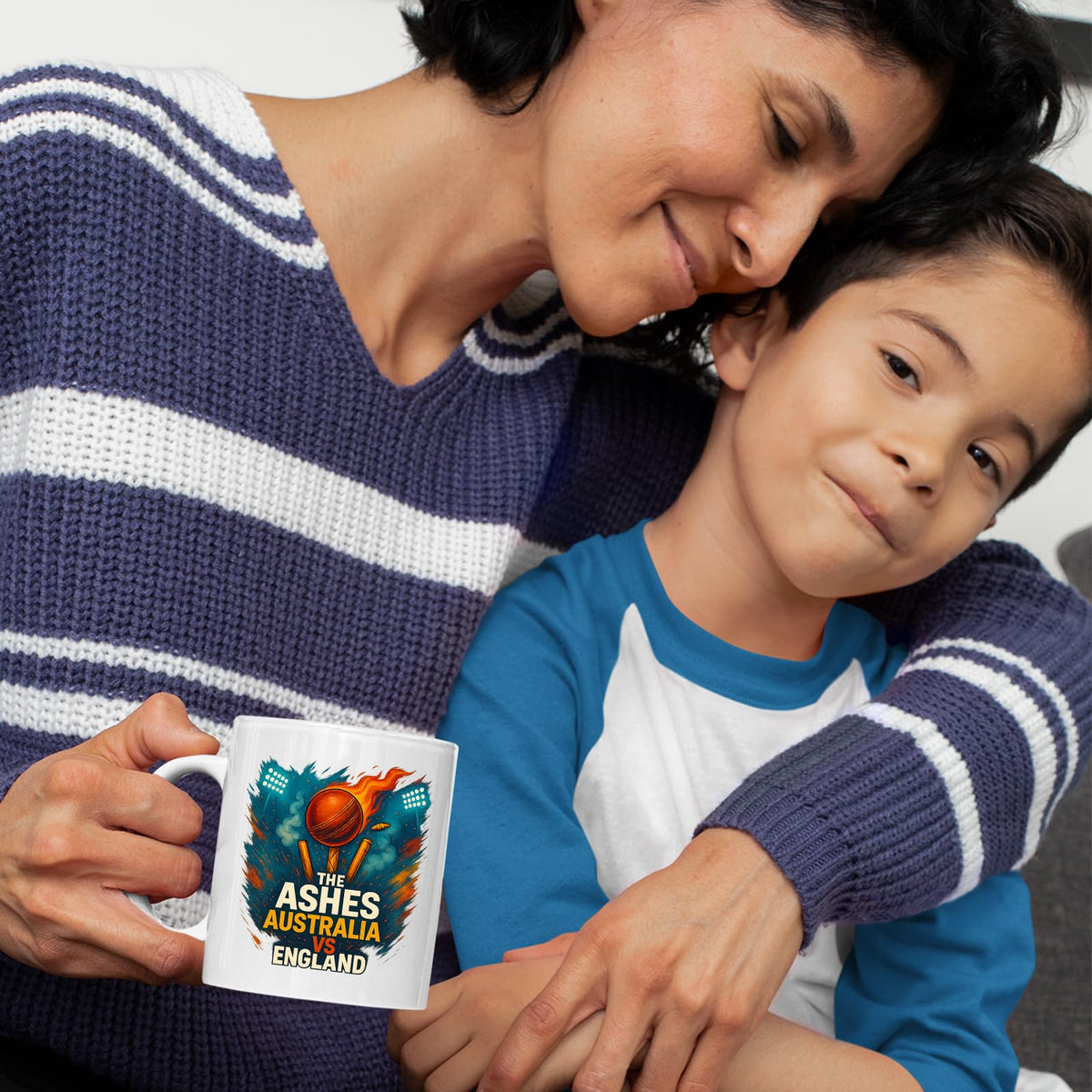 Mother and child with the Ashes cricket mug