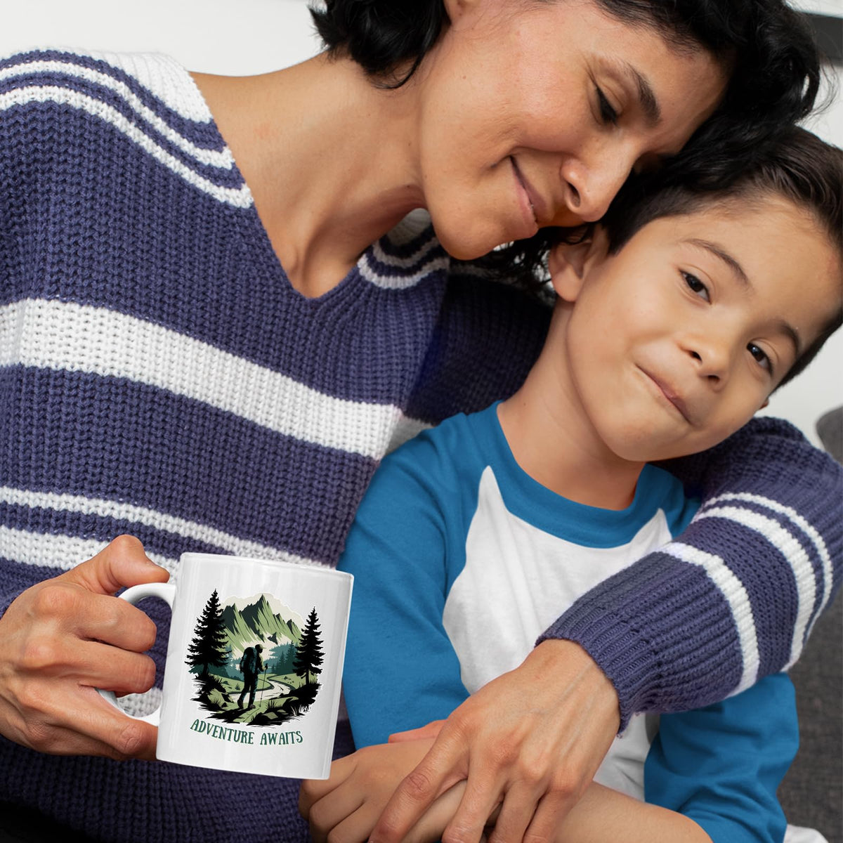 Mum and son with the Adventure Awaits hiker mug