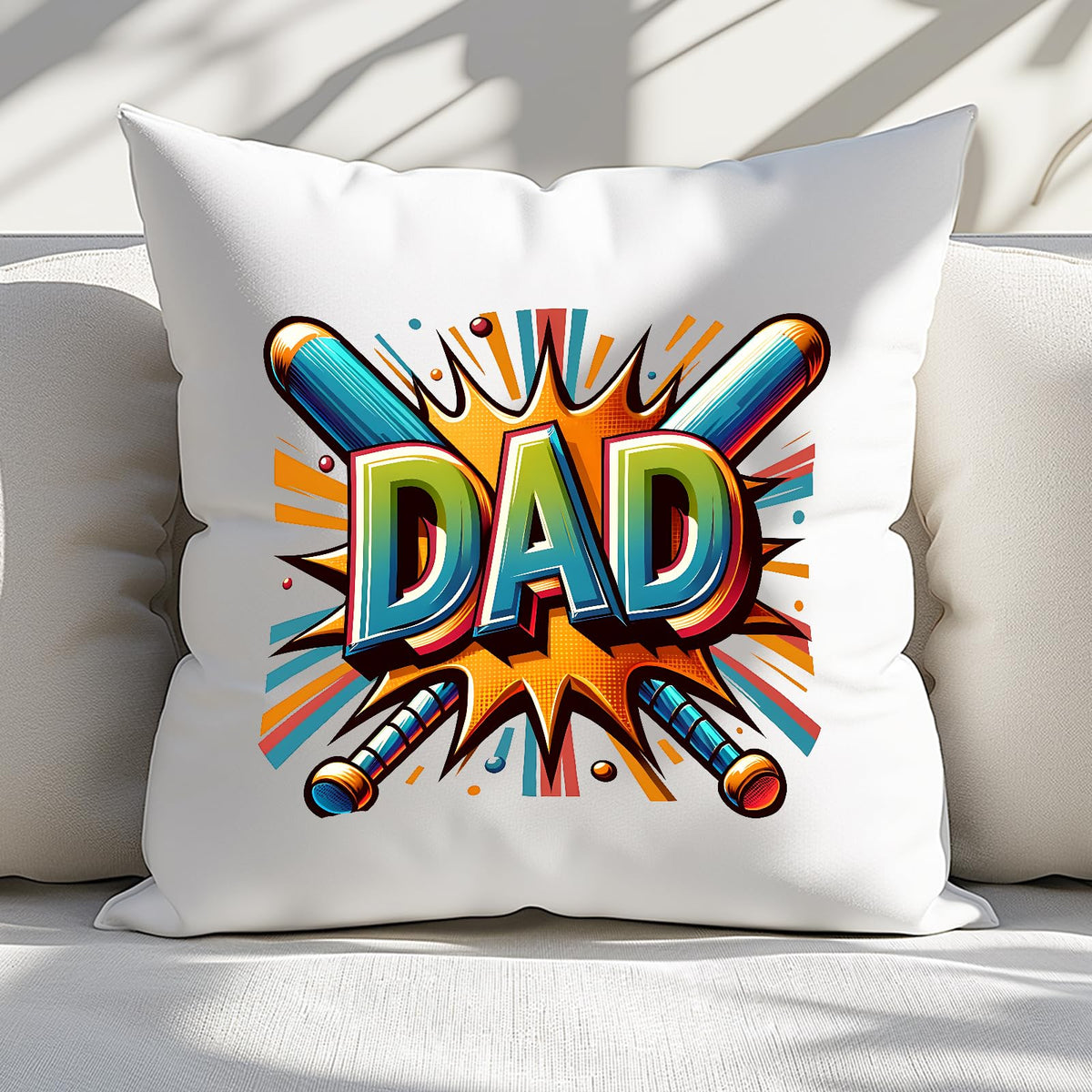 DAD baseball bats cushion on a white sofa