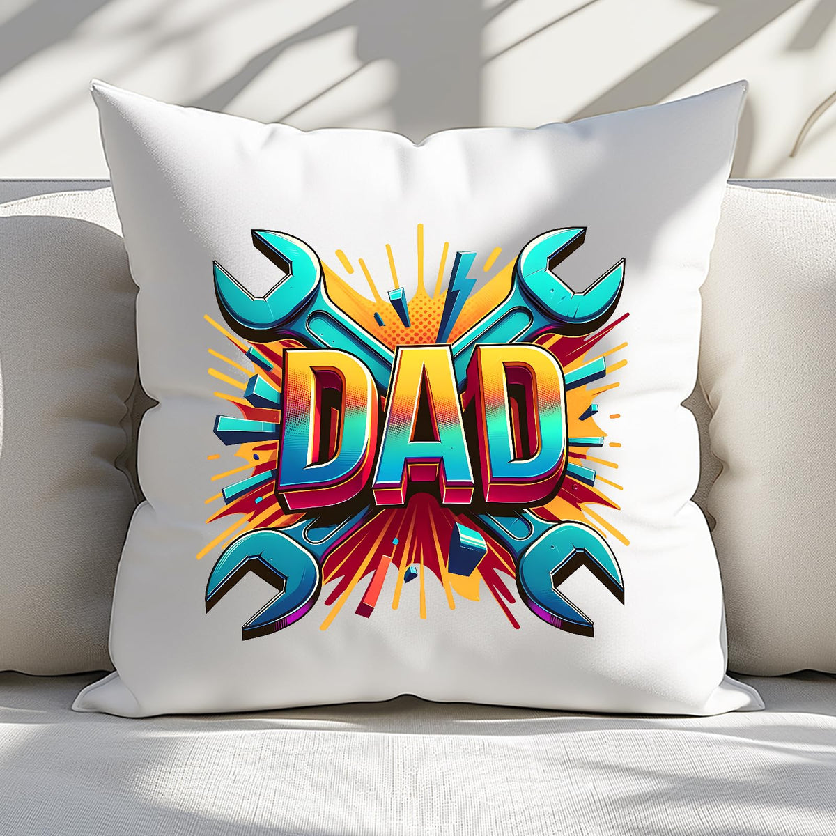 DAD spanners cushion on a white sofa