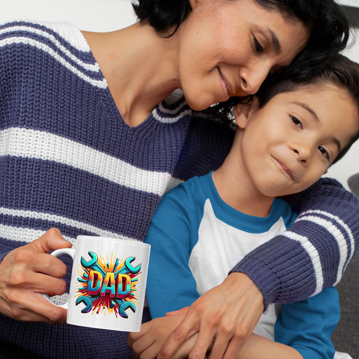 Mum and son with the DAD spanners mug