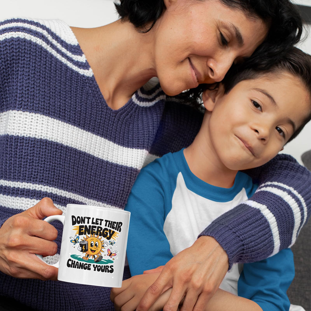 Mum and son with the Positive Vibes sun mug
