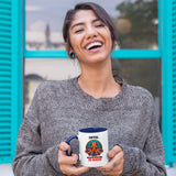 Laughing woman holding the Adulting Is Hard octopus mug with a dark blue handle